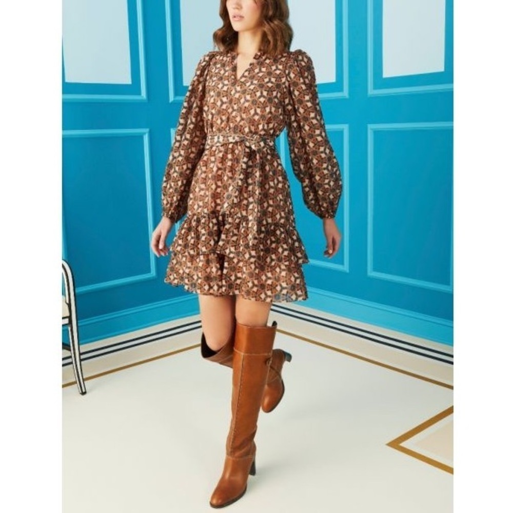 Marie Oliver Preston Silk Blend Tiered Mini Dress Peppercorn Lattice *NO BELT